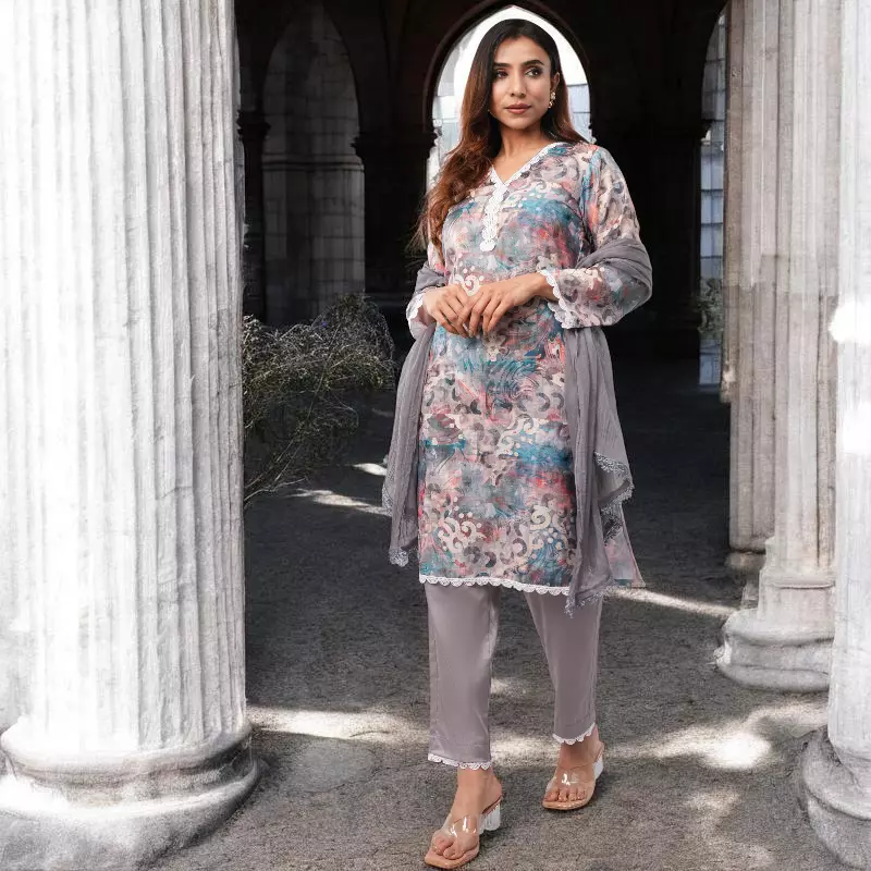 Women Cotton Salwar Suit Set, Multicolor Floral Print with Grey Dupatta