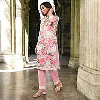 Women Cotton Salwar Suit Set with Dupatta, Pink Floral Print
