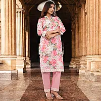 Women Cotton Salwar Suit Set with Dupatta, Pink Floral Print