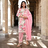 Women Cotton Salwar Suit Set with Dupatta, Pink Floral Print