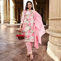 Women Cotton Salwar Suit Set with Dupatta, Pink Floral Print