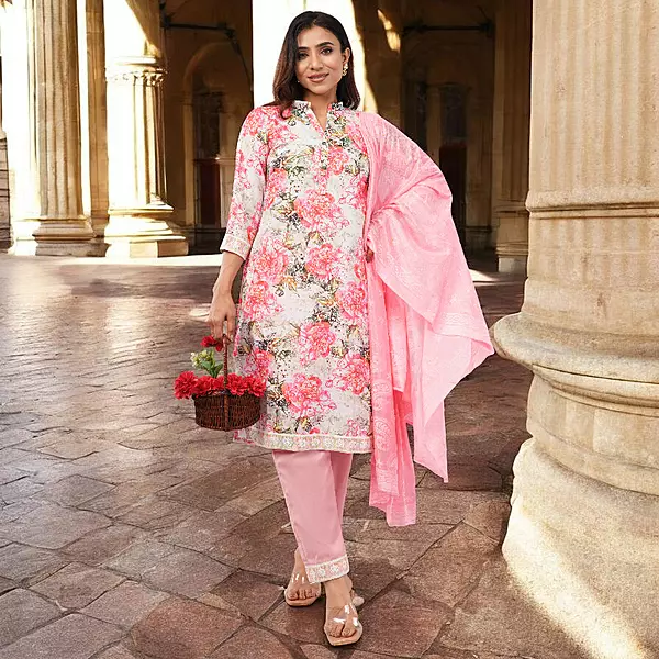 Women Cotton Salwar Suit Set with Dupatta, Pink Floral Print