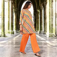 Women Salwar Suit Set, Multicolour Kurta with Orange Palazzo and Dupatta