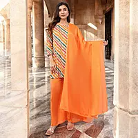 Women Salwar Suit Set, Multicolour Kurta with Orange Palazzo and Dupatta