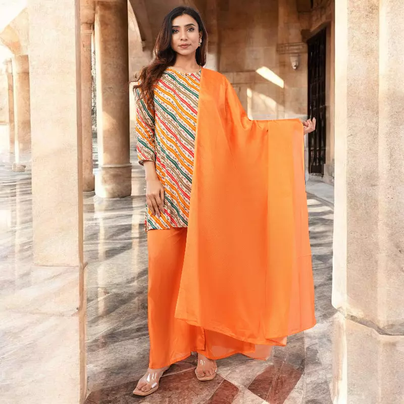 Women Salwar Suit Set, Multicolour Kurta with Orange Palazzo and Dupatta