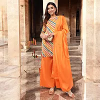 Women Salwar Suit Set, Multicolour Kurta with Orange Palazzo and Dupatta
