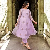 Women Embroidered Purple Salwar Suit Set with Dupatta