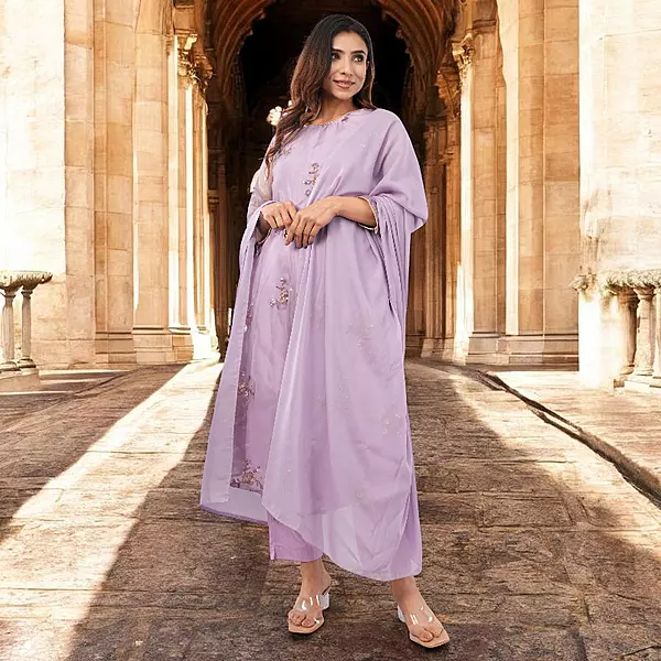 Women Embroidered Purple Salwar Suit Set with Dupatta