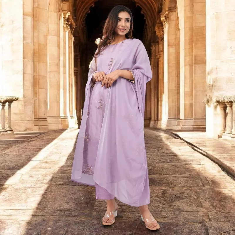 Women Embroidered Purple Salwar Suit Set with Dupatta