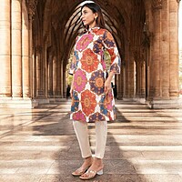 Women Cotton Salwar Suit Set, Multicolor Printed Kurta with White Dupatta