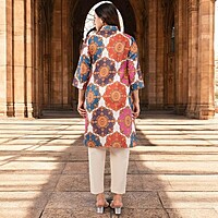 Women Cotton Salwar Suit Set, Multicolor Printed Kurta with White Dupatta