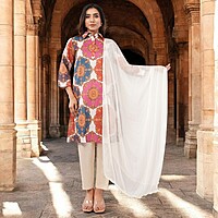 Women Cotton Salwar Suit Set, Multicolor Printed Kurta with White Dupatta