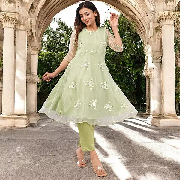 Women Light Green Embroidered Anarkali Kurta with Pants