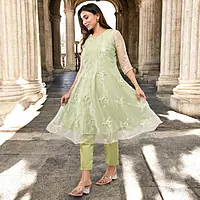 Women Light Green Embroidered Anarkali Kurta with Pants