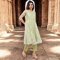 Women Light Green Embroidered Anarkali Kurta with Pants
