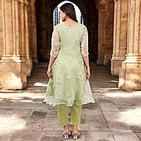 Women Light Green Embroidered Anarkali Kurta with Pants