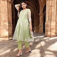 Women Light Green Embroidered Anarkali Kurta with Pants