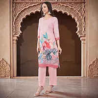 Women's Cotton Salwar Suit Set, Pink, Floral Print, with Dupatta