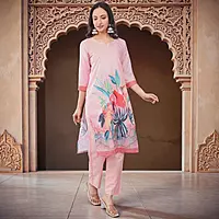 Women's Cotton Salwar Suit Set, Pink, Floral Print, with Dupatta