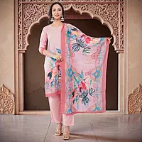 Women's Cotton Salwar Suit Set, Pink, Floral Print, with Dupatta