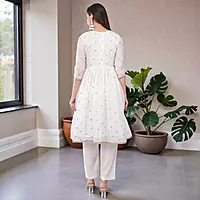 Women's Salwar Suit Set, White, Chiffon Kurta with Gold Embroidery, Cotton Pants with Dupatta