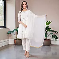 Women's Salwar Suit Set, White, Chiffon Kurta with Gold Embroidery, Cotton Pants with Dupatta