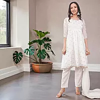 Women's Salwar Suit Set, White, Chiffon Kurta with Gold Embroidery, Cotton Pants with Dupatta