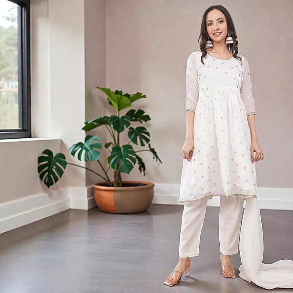 Women's Salwar Suit Set, White, Chiffon Kurta with Gold Embroidery, Cotton Pants with Dupatta