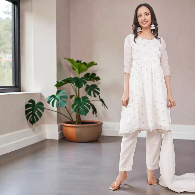 Women's Salwar Suit Set, White, Chiffon Kurta with Gold Embroidery, Cotton Pants with Dupatta
