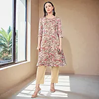 Floral Printed Anarkali Kurta with Straight Pants and Dupatta, Beige, 3-Piece Salwar Suit Set