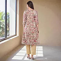 Floral Printed Anarkali Kurta with Straight Pants and Dupatta, Beige, 3-Piece Salwar Suit Set
