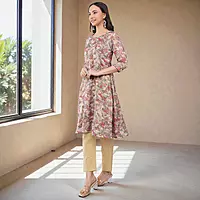 Floral Printed Anarkali Kurta with Straight Pants and Dupatta, Beige, 3-Piece Salwar Suit Set