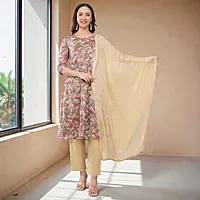 Floral Printed Anarkali Kurta with Straight Pants and Dupatta, Beige, 3-Piece Salwar Suit Set