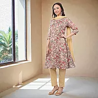 Floral Printed Anarkali Kurta with Straight Pants and Dupatta, Beige, 3-Piece Salwar Suit Set