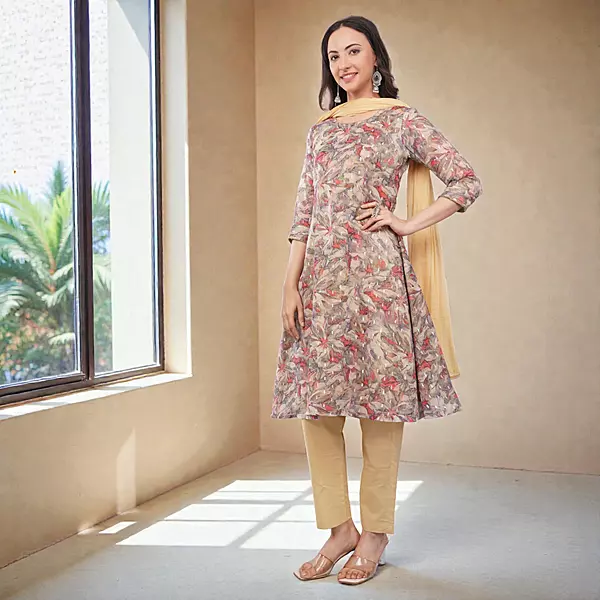 Floral Printed Anarkali Kurta with Straight Pants and Dupatta, Beige, 3-Piece Salwar Suit Set