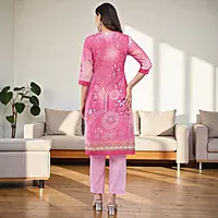 Women's Cotton Salwar Suit Set, Pink Floral Print Kurta with Straight Pants and Dupatta