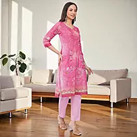 Women's Cotton Salwar Suit Set, Pink Floral Print Kurta with Straight Pants and Dupatta