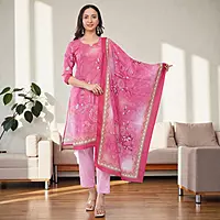 Women's Cotton Salwar Suit Set, Pink Floral Print Kurta with Straight Pants and Dupatta