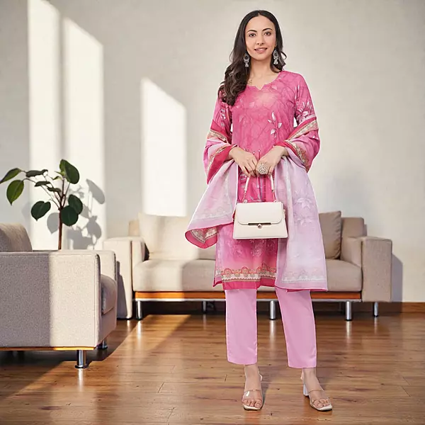 Women's Cotton Salwar Suit Set, Pink Floral Print Kurta with Straight Pants and Dupatta