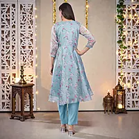 Women's Floral Printed Anarkali Kurta with Straight Pant, Sky Blue, Organza Top, Cotton Bottom