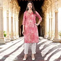 Floral Print Pink Kurta, 3/4 Sleeves, Knee Length