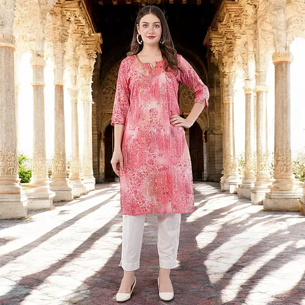 Floral Print Pink Kurta, 3/4 Sleeves, Knee Length