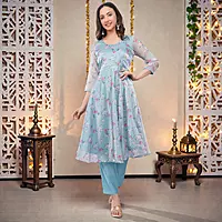Women's Floral Printed Anarkali Kurta with Straight Pant, Sky Blue, Organza Top, Cotton Bottom