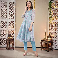 Women's Floral Printed Anarkali Kurta with Straight Pant, Sky Blue, Organza Top, Cotton Bottom