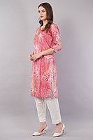 Floral Print Pink Kurta, 3/4 Sleeves, Knee Length