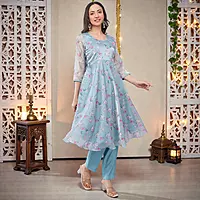 Women's Floral Printed Anarkali Kurta with Straight Pant, Sky Blue, Organza Top, Cotton Bottom