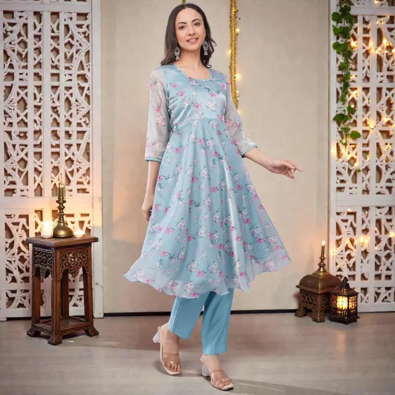 Women's Floral Printed Anarkali Kurta with Straight Pant, Sky Blue, Organza Top, Cotton Bottom
