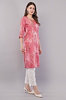 Floral Print Pink Kurta, 3/4 Sleeves, Knee Length