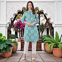 Printed Cotton Kurta for Women, Turquoise Blue