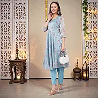 Women's Floral Printed Anarkali Kurta with Straight Pant, Sky Blue, Organza Top, Cotton Bottom